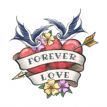 Two Hearts Pierced By Arrow with hand made Lettering Together Forever. Tattoo Hearts With Flower And Flying Swallow. Vector illustration.