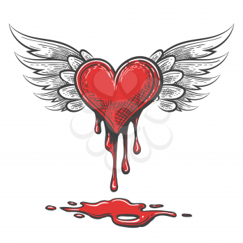 Winged bleeding heart emblem in cartoon style. Valentines Day Vector Illustration  
