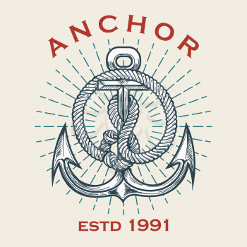 Retro Nautical emblem of anchor in ropes and sun beams. Vector illustration.
