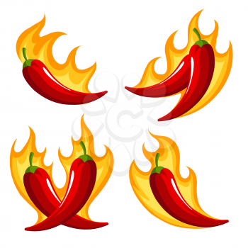 Set of  Red Chili Peppers Emblems on Fire isolated on white. Vector illustration.