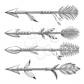 Vintage nativity hand drawn arrow with feathers. Indian esoteric signs in tattoo style isolated on white background. Vector illustration
