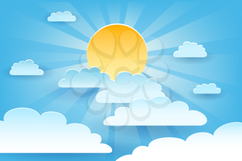 Sun with clouds on Blue sky background drawn in Paper art style. Vector illustration