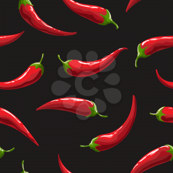 Seamless hand drawn pattern with hot chili pepper on black background. Vector illustration