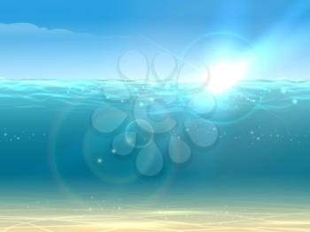 Realistic underwater background. Ocean deep water, sea under water level, sun rays blue wave horizon. Vector illustration.
