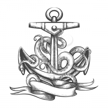 Ship anchor and octopus tentacles with ribbon Tatto in Engraving style. Vector illustration.