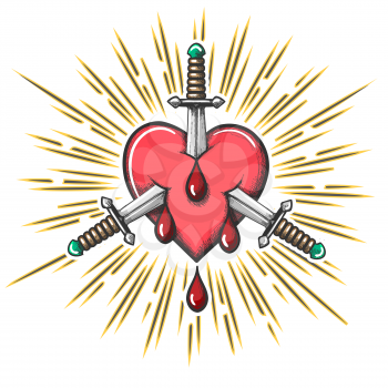 Heart pierced by three daggers with drop of blood Tattoo. Vector illustration.