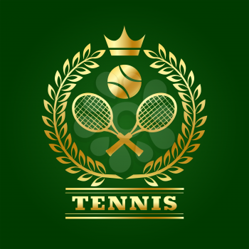 Tennis design template with Laurel Rackets and Ball isolated on green. Vector illustration.