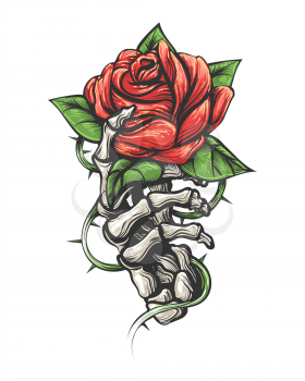 Tattoo of Rose flower in human skeleton hand isolated on white background. Vector illustration.