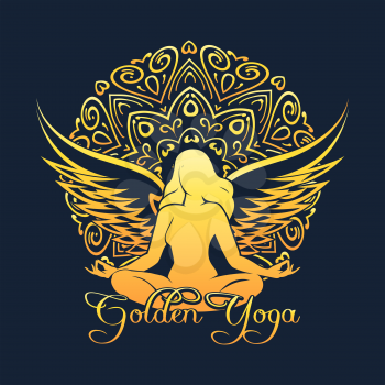 Yoga logo or Emblem. Winged Girl sitting in lotus pose against mandala. Vector illustration