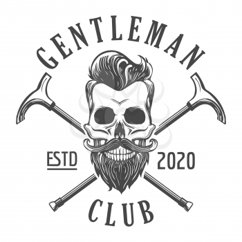 Human skull with hipster hairstyle, moustache and lettering Gentleman Club Emblem. Vector illustration.
