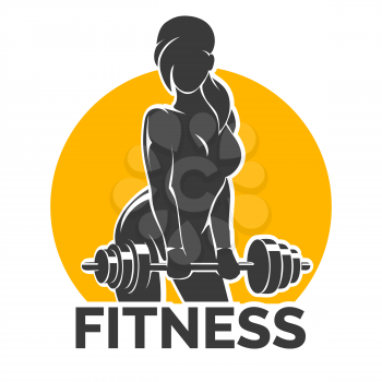 Silhouette of Training Bodybuilder Girl with Barbell. Fitness club Gym emblem. Vector illustration.
