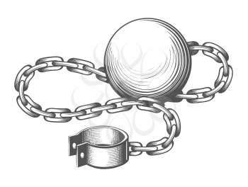 Tattoo of Ball and Chain drawn in Engraving style. Vector Illustration.