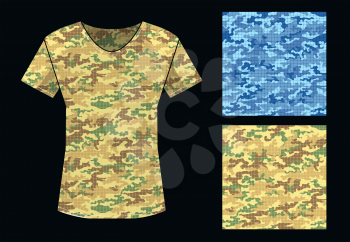 Camouflage seamless pattern in blue and sand colors and shirt template. Vector illustration.