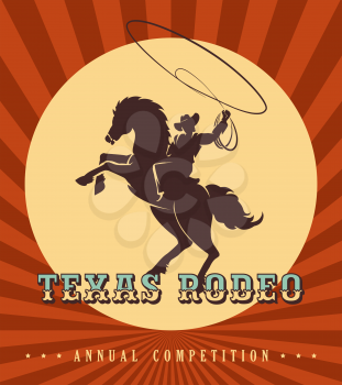 Vintage Rodeo poster. Silhouette of cowboy with lasso ride a wild horse. Vector Illustration.