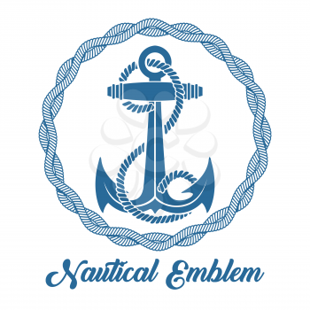 Nautical Emblem of Anchor and Marine Ropes isolated on white. Vector illustration.