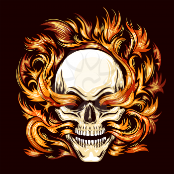 Tattoo of Skull burning in Flame of Hell isolated on White. Vector illustration.