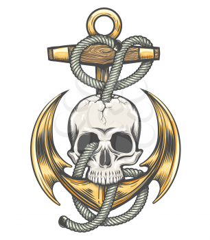 Colorful Tattoo of Skull and Anchor with ropes isolated on white. Vector illustration