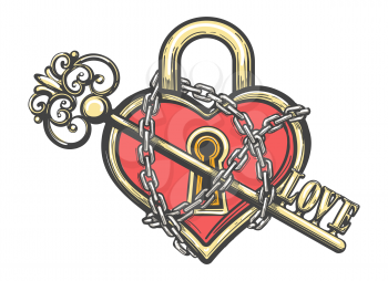 Tattoo of Heart Shaped Lock in Chains with a Key. Love concept tattoo isolated on white. Vector illustration.