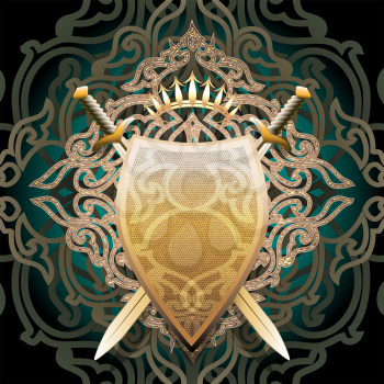 The amber shield with two swords and crown against forged lattice background drawn in classic style