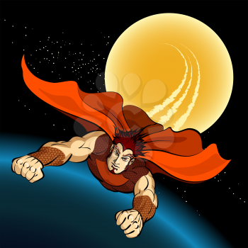 Super Hero flying above a planet.Comic book style illustration.