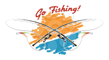 Poster with two rods and wording Go Fishing. Colorful illustration.
