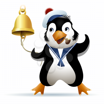 Seaman penguin in sailor cap rings a noon bell. Illustration drawn in cartoon style.