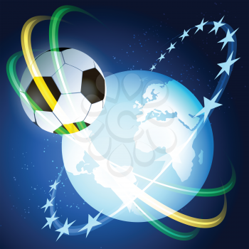 Illustration of flying soccer ball  against globe in space