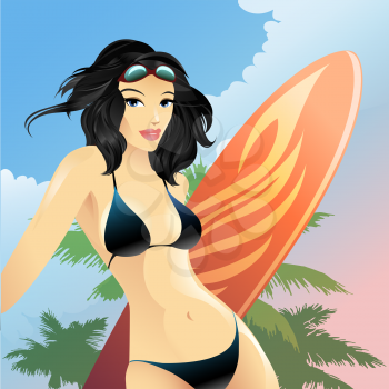 Illustration with young girl in bikini who holds surf board against tropical landscape