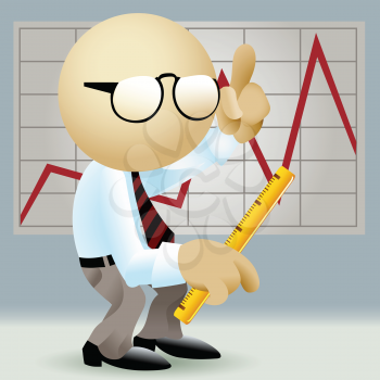 Illustration of simplified man in office clothes against a wall with chart with a ruler in his hand in a process of financial analysis drawn in retro style