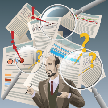 Illustration with auditor analyzing financial documents and three  magnifying glasses as metaphor of deep examination