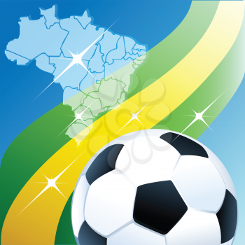 Illustration of soccer ball  against banner and contours of Brazil 