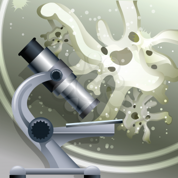  Illustration with optical microscope against amoebas under magnifying tube 