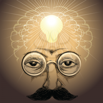Illustration with face of scientist and lamp light up his brains inside as metaphor of discovery drawn in retro style