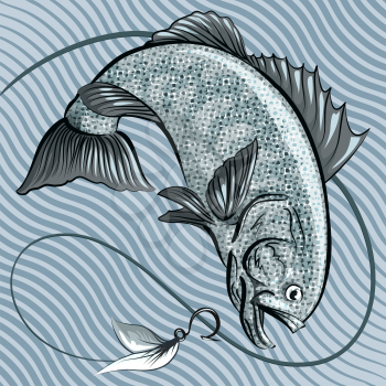 Illustration with big fish jumping out of the Water after a hook with feather bait against wavy pattern drawn in retro style using  grey blue palette