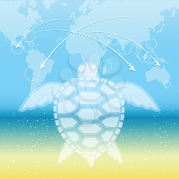 Illustration of sea turtle contours and jets flying around world map against seaside background