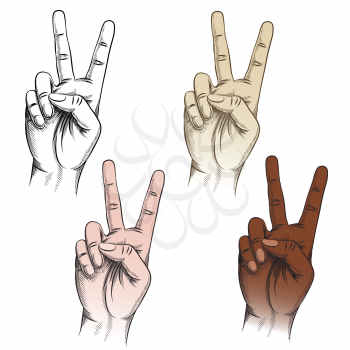 Set of victory gesture drawn in different color variations