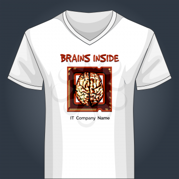 Template of white V neck shirt with human brain inside main PC unit and wording brains inside