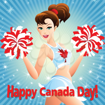 Illustration of  pretty girl in parade uniform with pompoms in her hands against festive background drawn in cartoon style