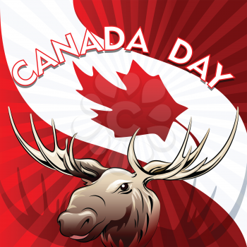 Illustration of moose against national  flag of Canada drawn in poster style