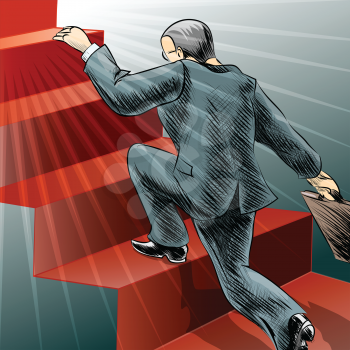 Illustration with man who runs to the top of a staircase as metaphor of fast career growth drawn in retro style