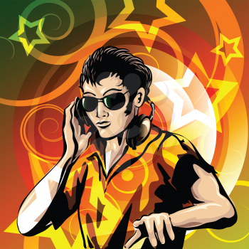 Illustration of disc jockey with headphones against colorful background drawn in poster style