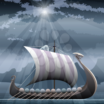 Illustration with viking ship in the fjord against northern mountain seascape