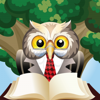 Illustration of wise eagle owl in teacher clothes sitting with book  against oak tree drawn in cartoon style