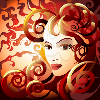 Illustration with woman face in flame against burning skies as allegory of fire element drawn in fantasy style