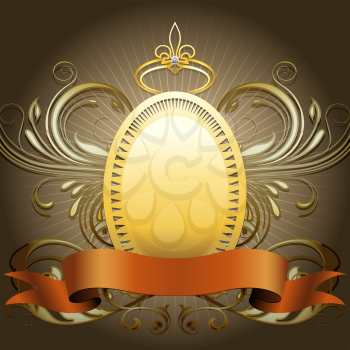 The golden shield with crown and ribbon against dark background drawn in classic style