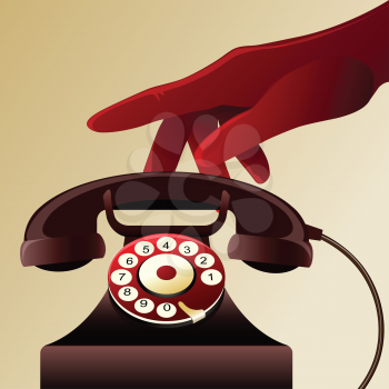 Illustration of woman palm in a red glove above the old telephone drawn in vintage style