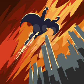 Superhero flying in the sky over night city. Retro Poster style.