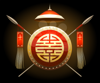 Medieval Asian Warrior Shield and Spears with flags. Chinese hieroglyph that means warrior. Vector illustration.