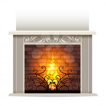 Classic fireplace with a bright burning flame. Element of interior design. Vector illustration.