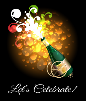 Poster design with shining glittering gold champagne explosion bottle and lettering Lets Celebrate. Vector illustration.